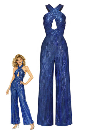 [Prévente] Combinaison bleue scintillante à perles, sequins, découpes croisées et jambes larges années 1970