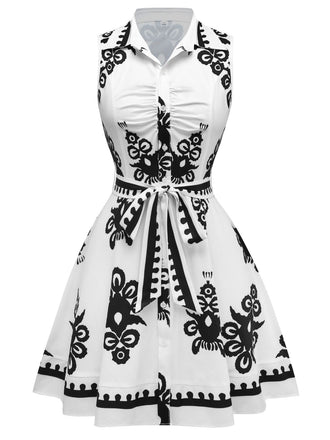 Robe blanche imprimés tribaux col chemise et ceinture des années 1950