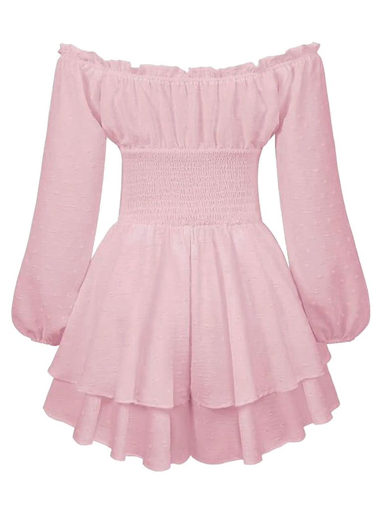 Robe courte unie épaules nues manches longues froncées 1950s