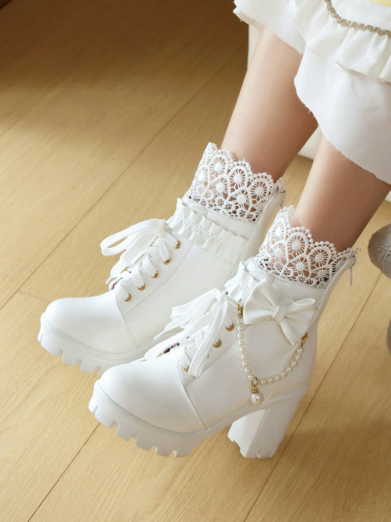 Bottes À Talons Épais Dentelle Perles Nœud Vintage