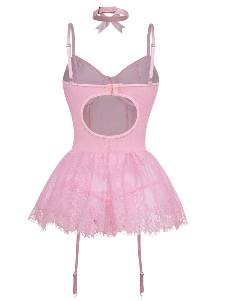 Ensemble body corset orné de dentelle des années 1960