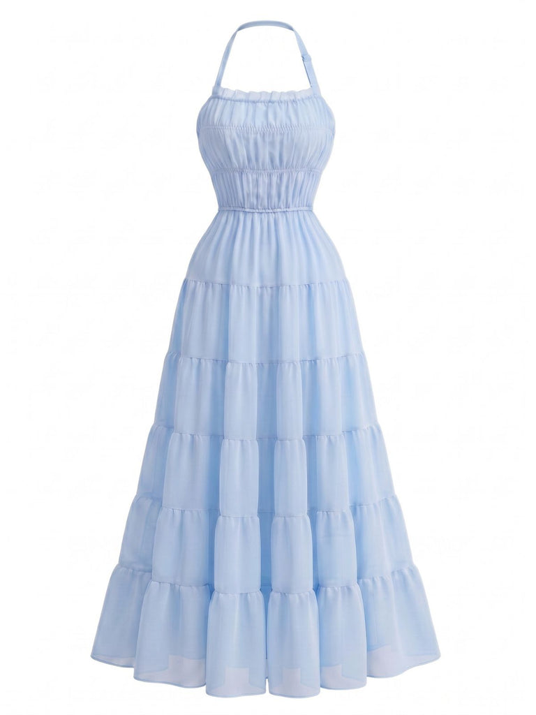 Robe Maxi à Étages Dos-Nu en Mousseline Froncée Années 70