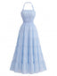 Robe longue volants dos nu bleu années 1970