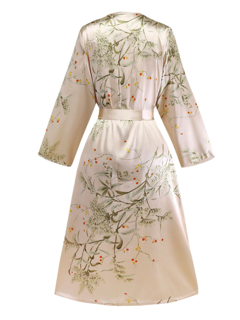 2PCS Nuisette en satin à bretelles et peignoir fleuries des années 1950