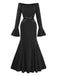Robe plissée unie à épaules dénudées et manches cloche années 1930