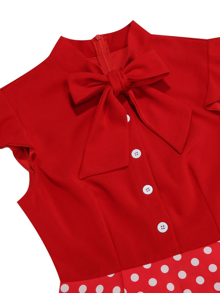 Robe trapèze à pois col nœud manches cape des années 1950