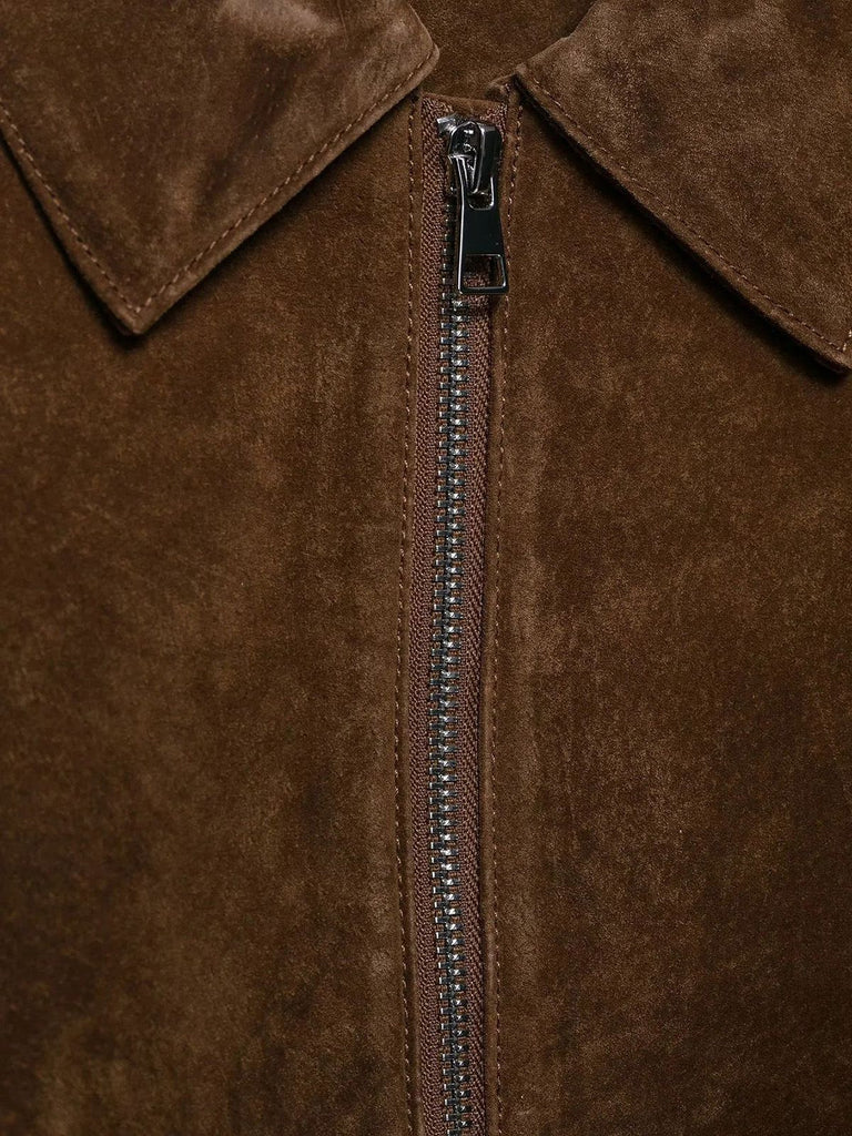Veste courte en daim marron avec fermeture zippée années 1980