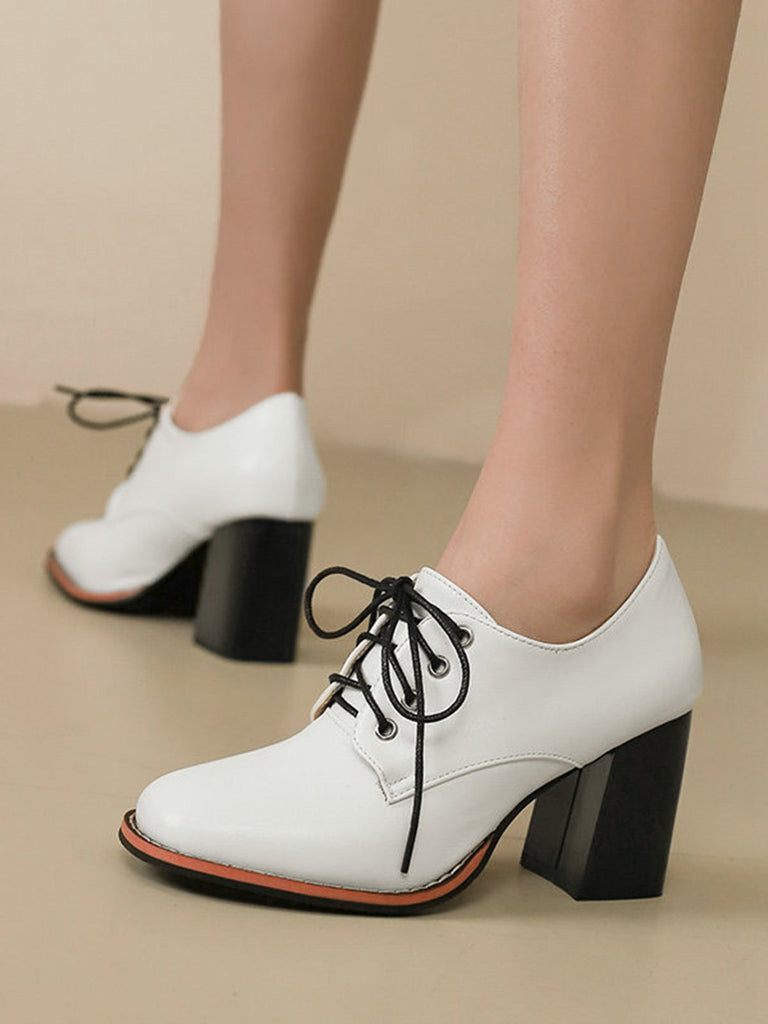 Chaussures En Cuir Vintage À Lacets Talon Épais
