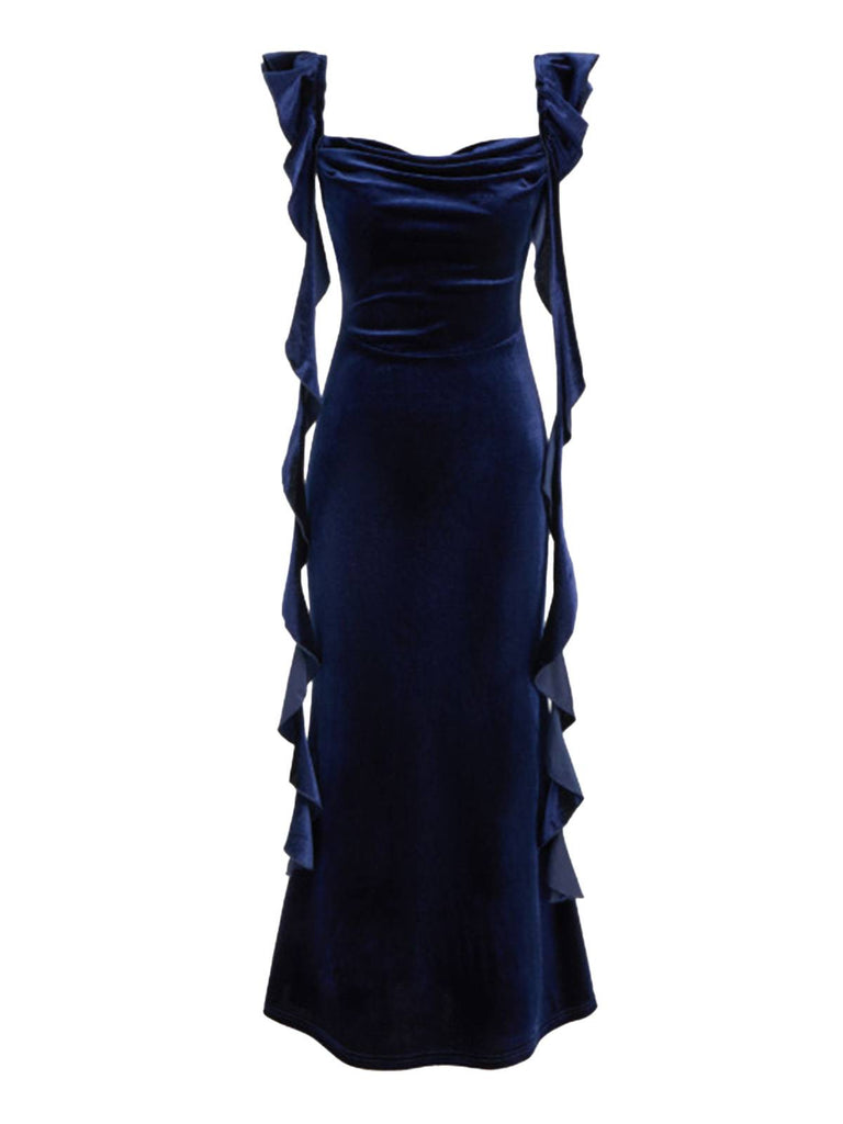 Robe à volants et bretelles en ruban de velours années 1940