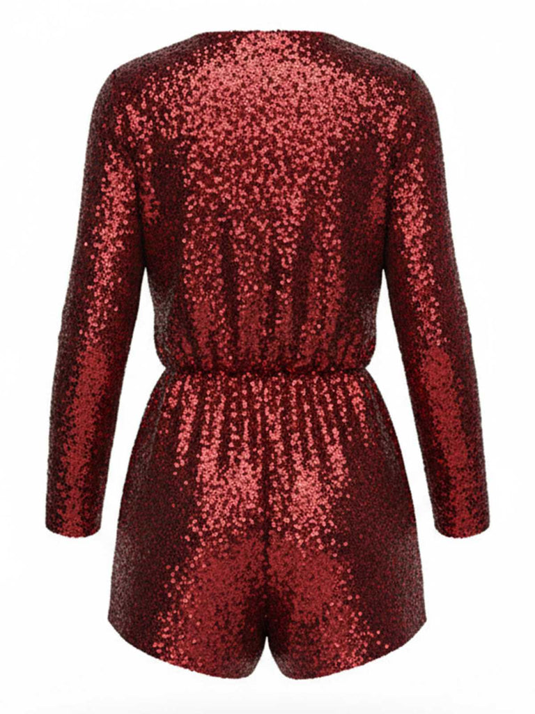 Combishort à manches longues et col en V à sequins années 1970