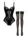 Nuisette noire en satin dentelle armatures bas assortis années 1980