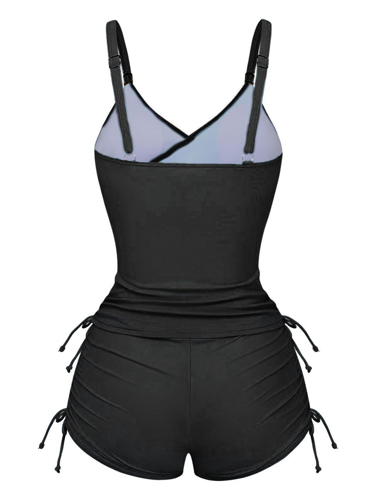 Tankini noirs à lacets uni à motif floral années 1950