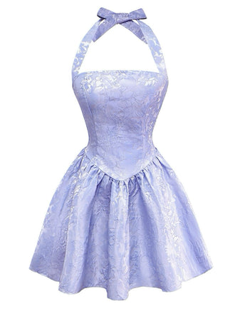 Mini robe plissée en jacquard fleurs bleu violet des années 1970