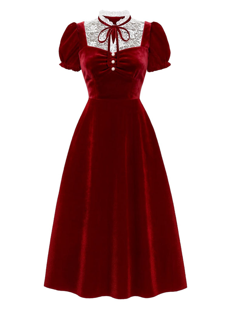 [Prévente] Robe rouge en velours et dentelle à manches bouffantes années 1940