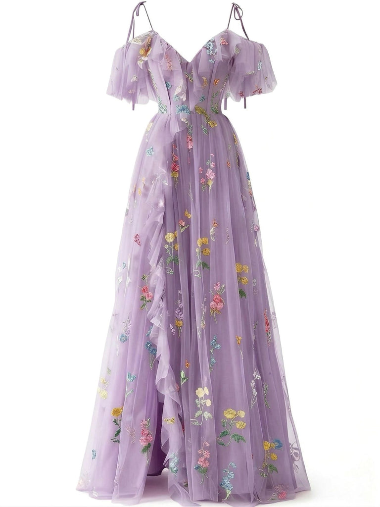 [Prévente] Robe fendue en tulle Lac Verte brodé de fleurs années 1970