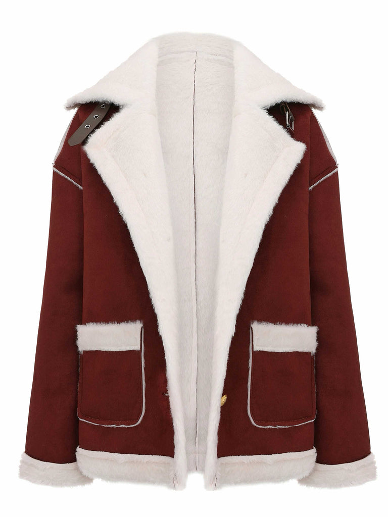 Veste à revers en peluche avec poches et boucle années 1940