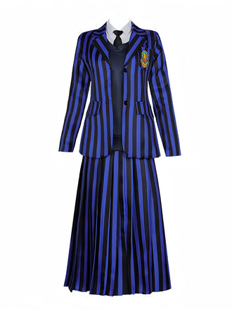Ensemble d'uniforme bleu rayé de Wednesday Addams des années 1940