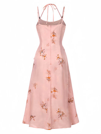 Robe rose à bretelles en satin fleuri et col licou des années 1930