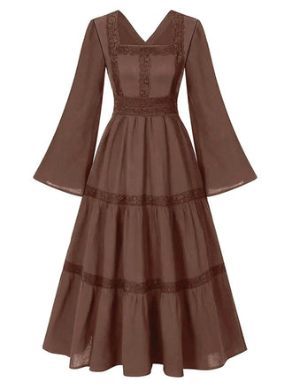 Robe marron en dentelle col carré style victorien des années 1970