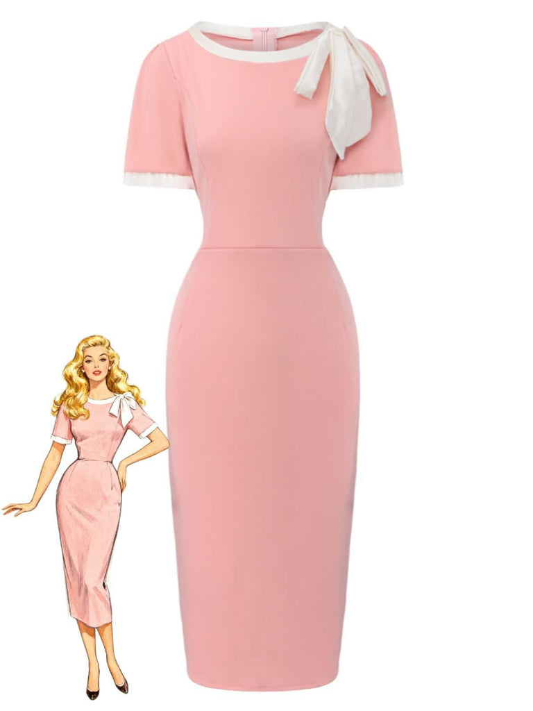 Robe moulante nœud et col rond colorblock années 60