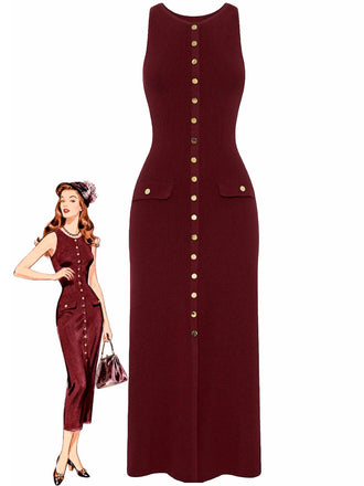 Robe tricotée unie sans manches simple boutonnage années 1960