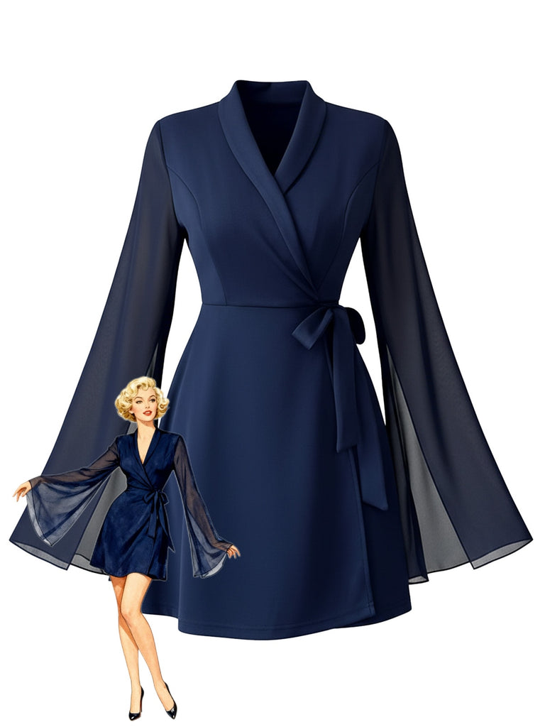 Robe bleue unie fendue manches en résille revers à nœud années 1980