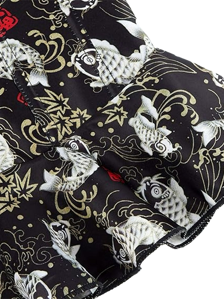 Corset noir à volants sans bretelles à imprimé poissons koï des années 1970