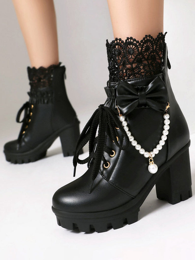 Bottes À Talons Épais Dentelle Perles Nœud Vintage
