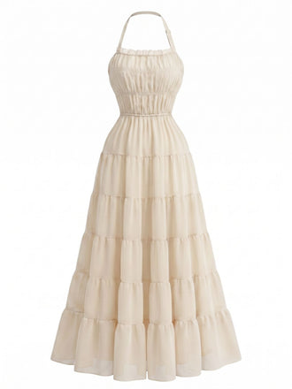 Robe Maxi à Étages Dos-Nu en Mousseline Froncée Années 70