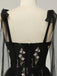 Robe longue noire brodée à fleurs en maille à épaules nouées des années 1930