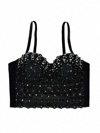 Haut corset à bretelles et strass scintillants des années 1980