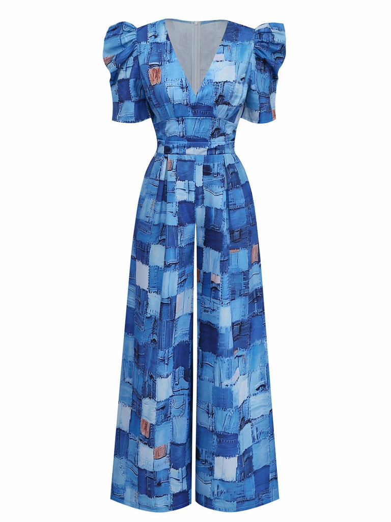Combinaison col V manches bouffantes bleue 1940s