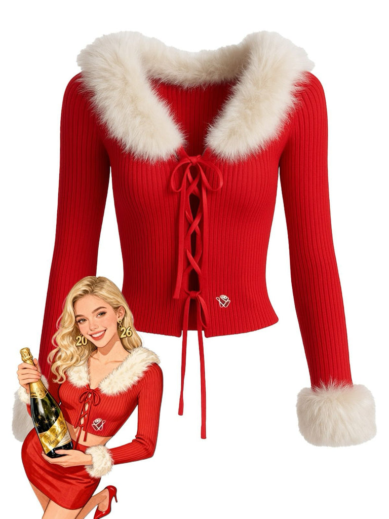 Cardigan rouge en maille col en fourrure amovible des années 1980