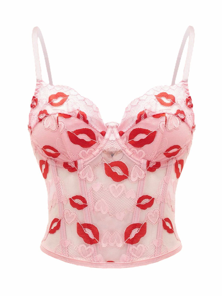 Corset Dentelle Rose Imprimé Bisou Saint-Valentin Année 1950