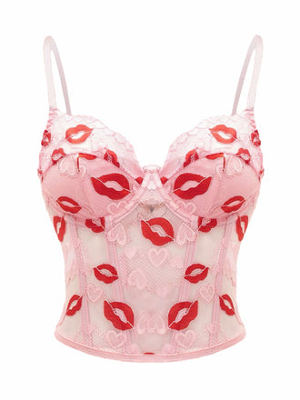 Corset Dentelle Rose Imprimé Bisou Saint-Valentin Année 1950