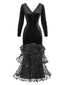 Robe sirène noire à fleurs volants années 1980