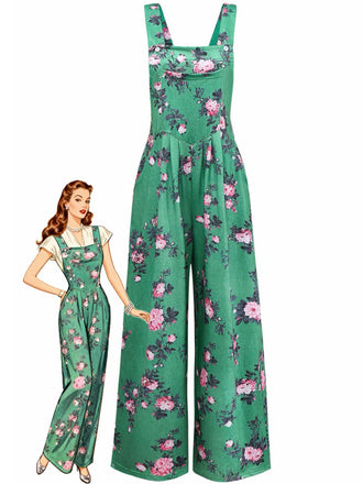 Combinaison pantalon large à imprimé floral vert années 1940