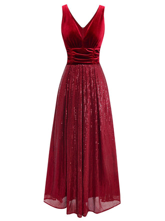 Robe longue bordeaux en velours à sequins col en V style années 1950