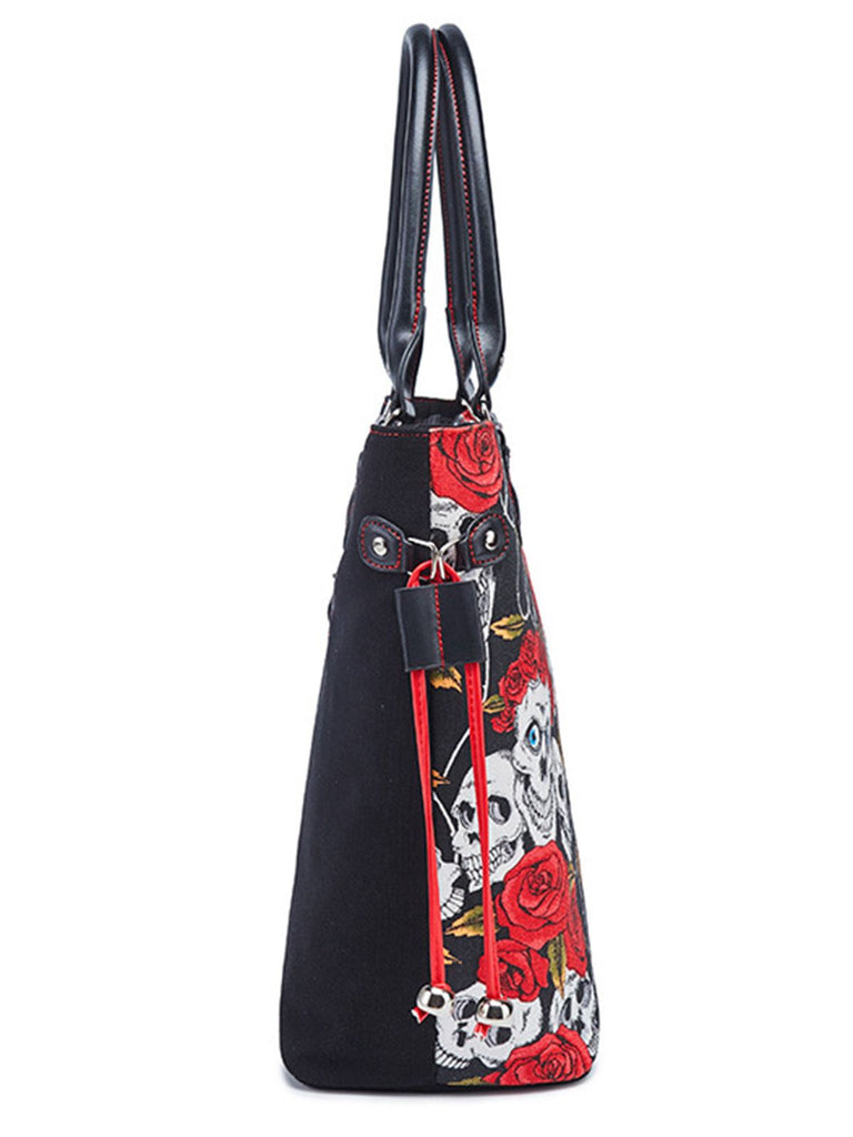 Sac à main vintage punk imprimé tête de mort et rose