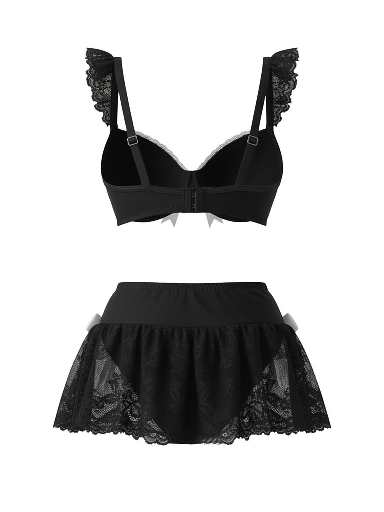 Ensemble de vêtements d'intérieur de soubrette nœud en dentelle années 1980
