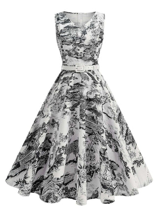 Robe motif paysage en porcelaine sans manches avec ceinture des années 1950