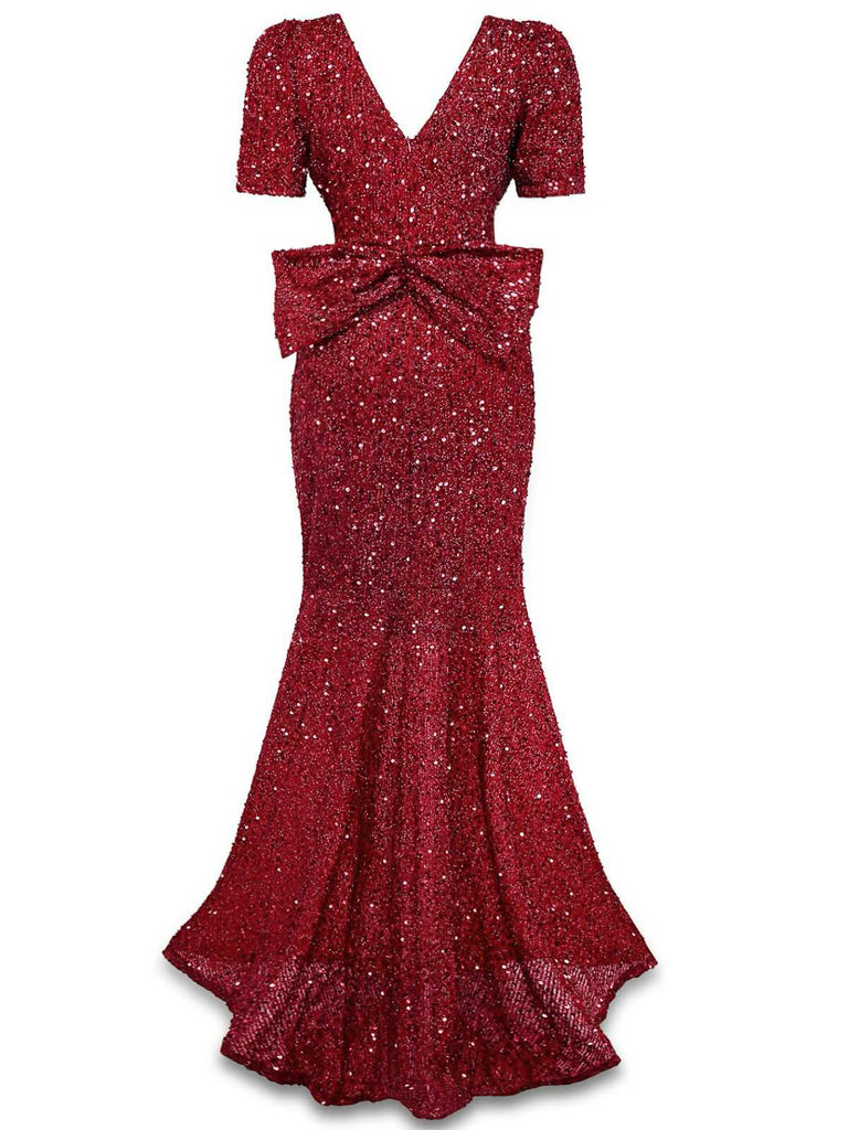 Robe sirène longue à paillettes et nœud rouge vin années 30