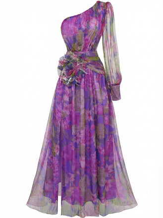 Robe de soirée violette une épaule en résille ornée de fleurs 3D années 1930