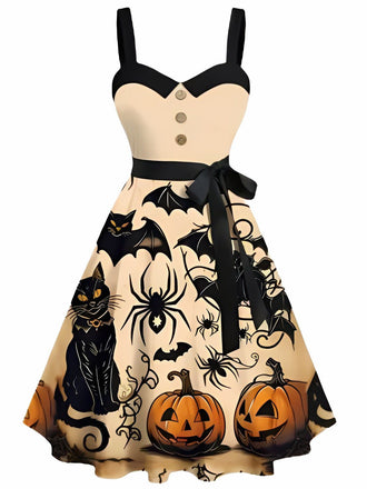 Robe trapèze orange imprimé citrouille et chat noir Halloween années 1950