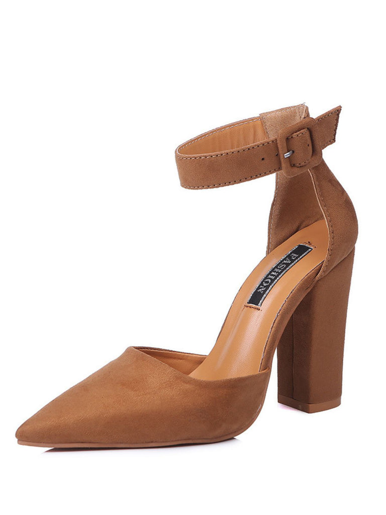 Escarpins talons hauts en daim avec bride la cheville et bout pointu