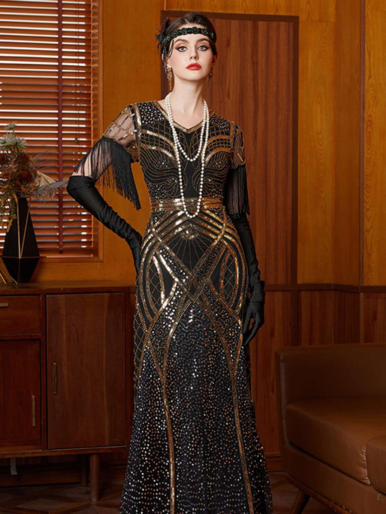 Robe longue à sequins dorés col en V et pompons années 1920