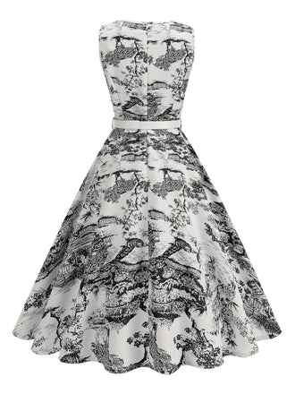 Robe motif paysage en porcelaine sans manches avec ceinture des années 1950