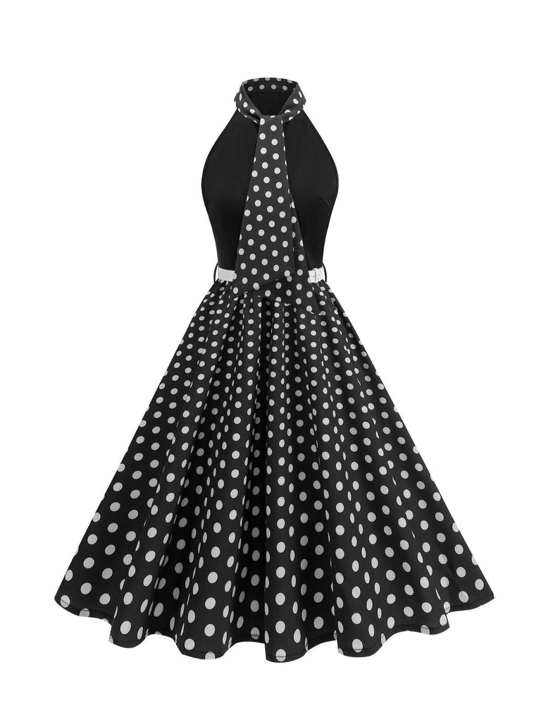 Robe Ceinturée Nœud Papillon Col Pois Années 1950