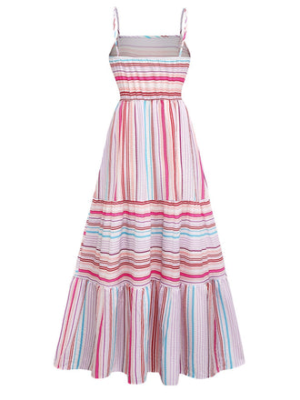 Robe tube rose à rayures arc-en-ciel années 1940