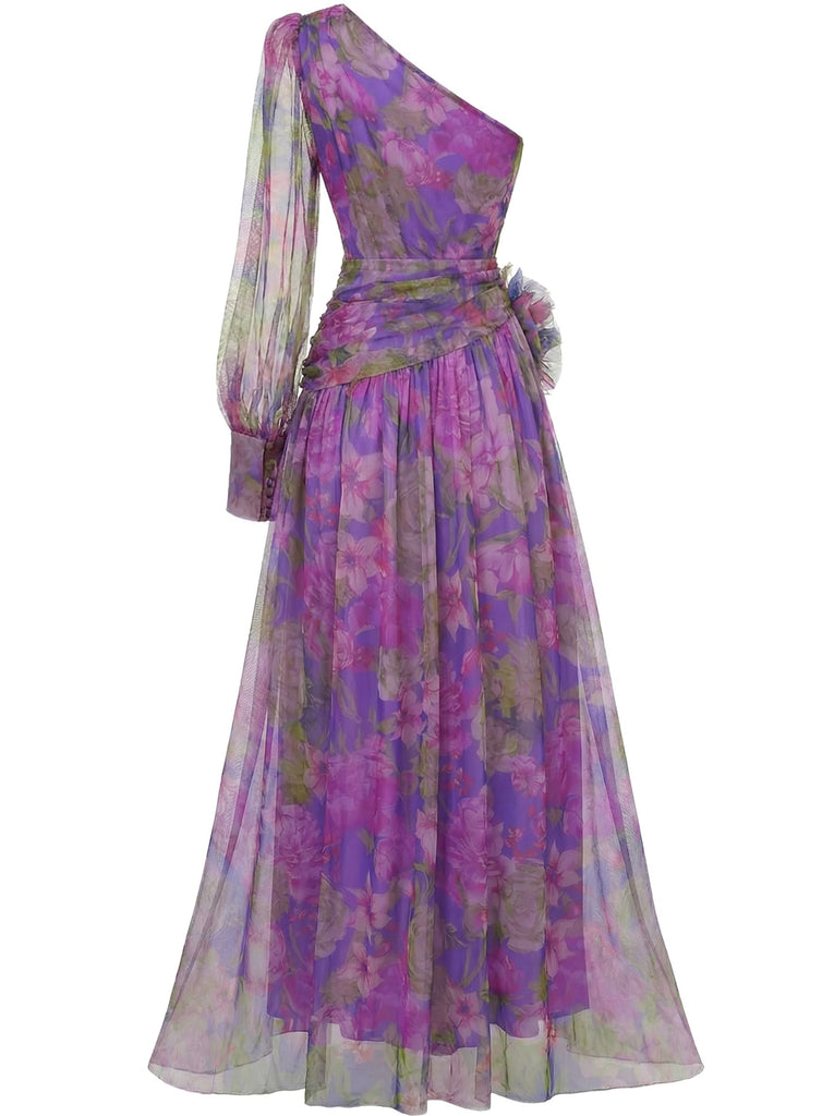 Robe de soirée violette une épaule en résille ornée de fleurs 3D années 1930